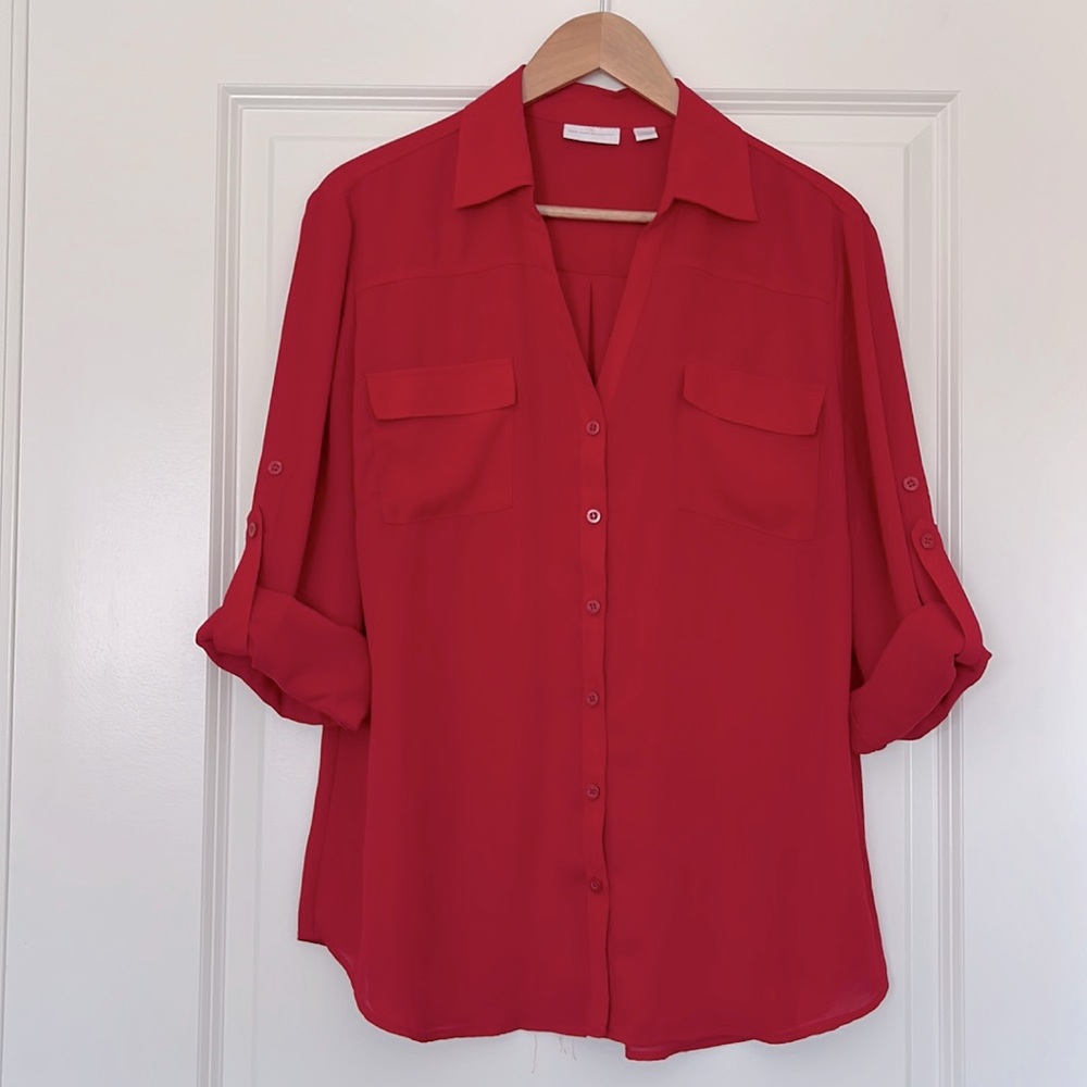 New York & Company Red Button Up Blouse with front pockets, adjustable sleeves